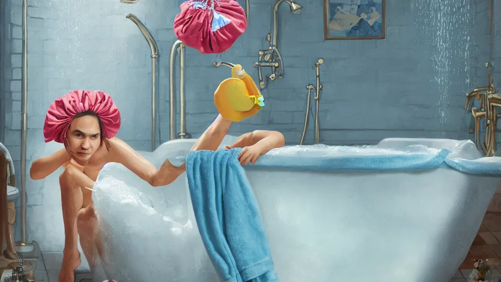 Prompt: Frank Dillane taking a bubble bath in an old-fashioned bathtub, bubbles, bashful, shy, adorable, shower cap, rubber ducky, union jack bath towel, beer bottle, artgerm, disney colors, artstation, epic composition, award winning artwork, trending on artstation, high quality printing, Ilya Kuvshinov