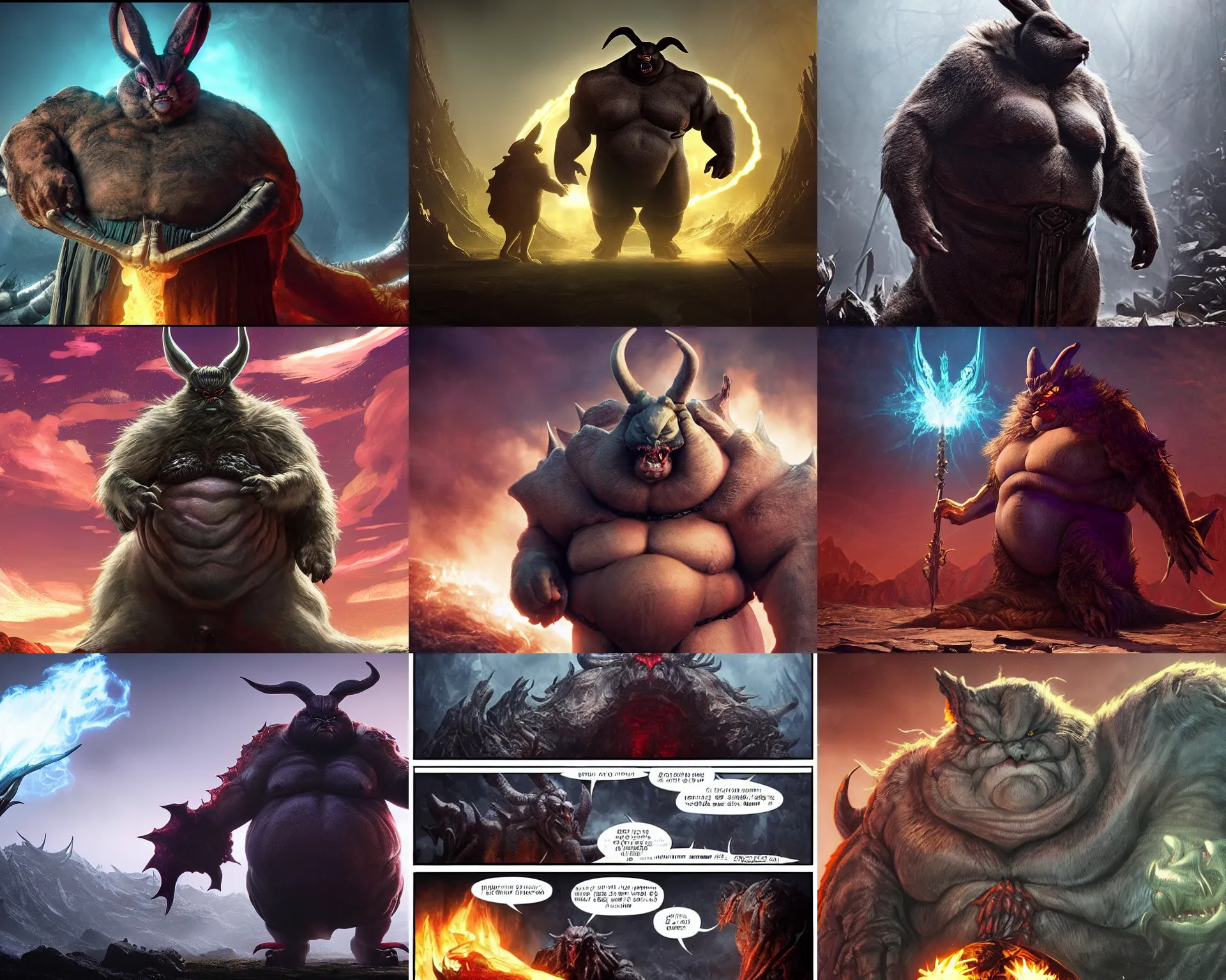 Prompt: big chungus as the final boss in elden ring, monstrous menacing sorcerer demon big chungus, highest settings