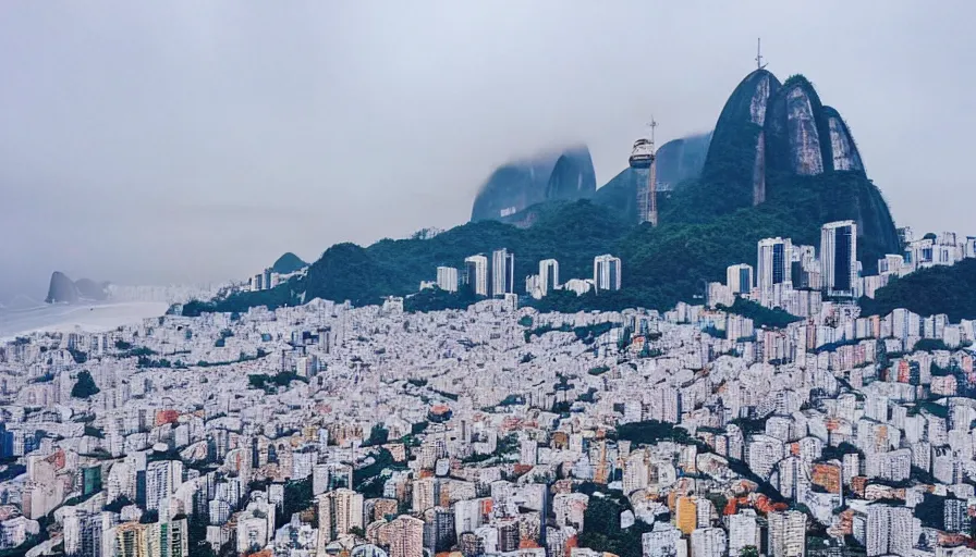 Prompt: the city of rio de janeiro covered in snow, view from copacabana beach, winter photograph, snowing, 4 k, award winning photograph, beautiful, trending on instagram