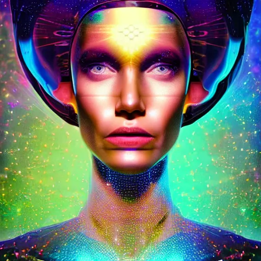 Image similar to hyperrealistic portrait of unknown extraterrestrial interstellar civilization woman in style of ingo swan, in style of retro sci - fi with holographic hexagonal flowers as crown 8 k