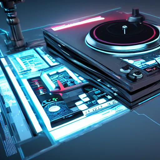 Prompt: a 3 d render of a cyberpunk turntable, realistic, octane render, unreal engine, 8 k