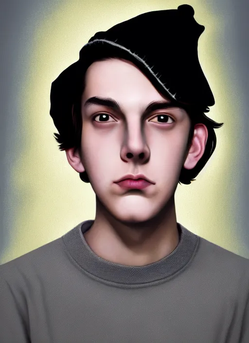 Image similar to portrait of teenage jughead jones wearing a light grey crown, photorealistic, crown, sweater with letter s on it, hamburger, eyes closed, crown, black hair, intricate, elegant, glowing lights, highly detailed, digital painting, artstation, concept art, smooth, sharp focus, illustration, art by wlop, mars ravelo and greg rutkowski