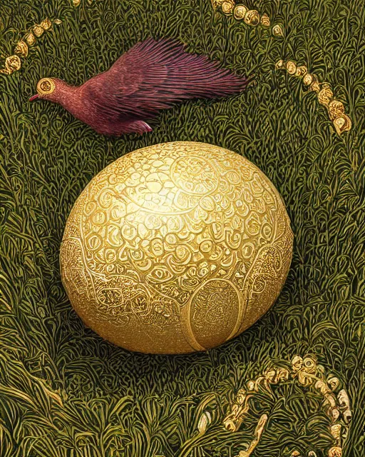 Prompt: a giant ornate egg laced with gold patterns, in a nest hidden by giant leaves, laying down in the grass, digital art, illustrated by james gurney and victo ngai