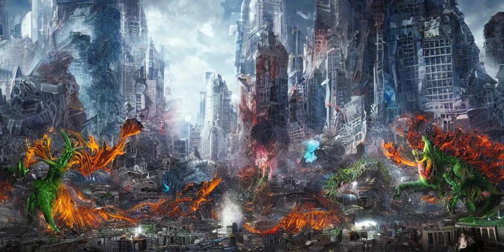 Image similar to destructive giant monsters in the city, photorealistic, highly detailed, sharp focus, vivid, colorful, symmetrical, random, convoluted, mind - blowing, creative, fully functional, end of the world, physics defying, amazing, cool