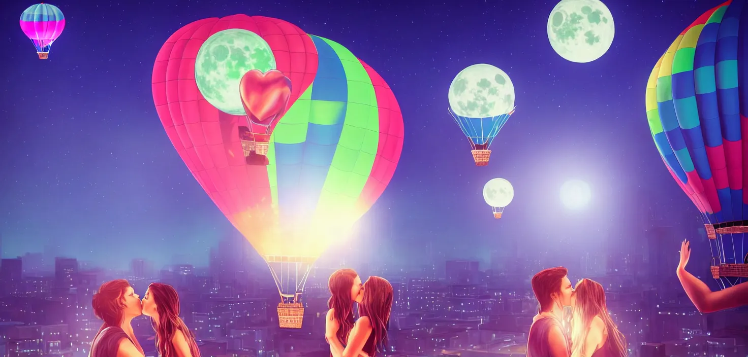 Prompt: a couple kissing on the background air balloon in the middle neon lights | | sunny night, full moon, dreamlike art, realistic shaded, smile, good looking, hyper details, 4 k realistic, cryengine, realistic shaded lighting poster by artgerm, ross tran, fuji choko, 8 k resolution, trending on artstation, luxury