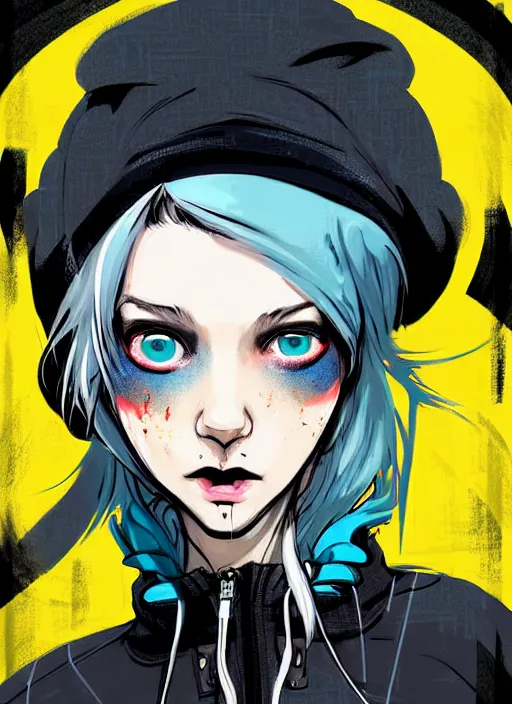 Image similar to highly detailed portrait of a sewer punk lady student, blue eyes, tartan hoody, hat, white hair by atey ghailan, by greg tocchini, by kaethe butcher, by alex horley, by bruce timm, gradient yellow, black, brown and cyan color scheme, grunge aesthetic!!! ( ( graffiti tag wall ) )