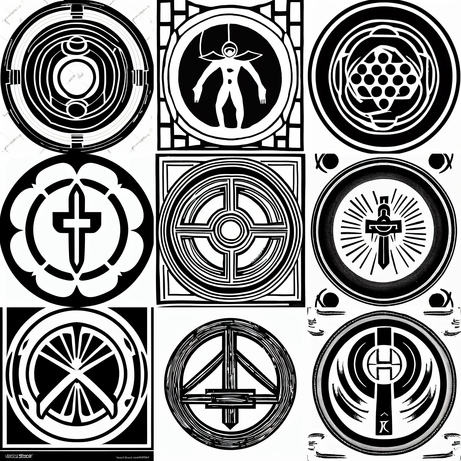 Prompt: black lineart symmetrical, symbolism, expressive mark making consistent line width, halo of a circular holy icon, halo for the saint of wrestling on a white background