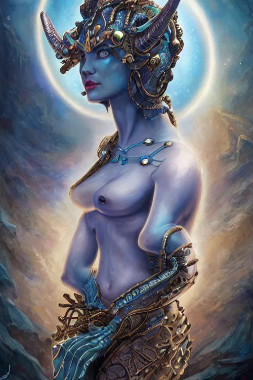 Image similar to portrait of a beautiful female hybrid atlantean anubis elsa jean, alien warrior regal, realistic, refined, detailed, digital art, michael cheval, esao andrews, steampunk, walt disney ( 1 9 3 7 ), francois boucher, oil painting, highly detailed, cinematic lighting, unreal engine, 8 k, hd