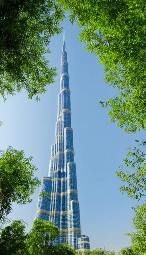 Prompt: the burj khalifa in a beautiful green metropolis surrounded by plants, trees and greenery.