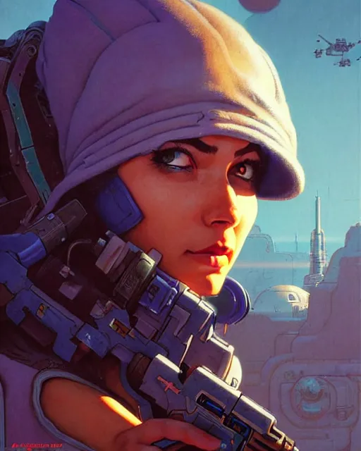 Image similar to ana from overwatch, character portrait, portrait, close up, concept art, intricate details, highly detailed, vintage sci - fi poster, in the style of chris foss, rodger dean, moebius, michael whelan, and gustave dore