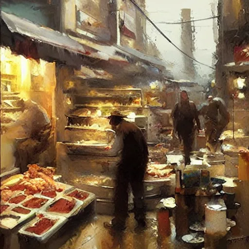 Prompt: low angle!!!!!! a a butcher working, artwork by craig mullins, low angle camera