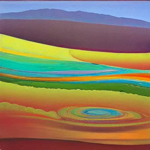 Image similar to A wild, insane, modernist landscape painting. Wild energy patterns rippling in all directions. Curves, organic. Saturated color. Mountains. Clouds. Rushing water. Wayne Thiebaud.