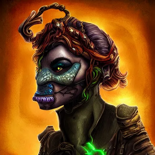 Image similar to snake-face lady, snake-face lady, snake-face lady, epic fantasy digital art, fantasy style art, fantasy hearthstone art style