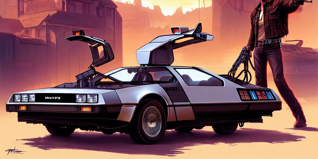 Prompt: the terminator and marty mcfly drive the delorean to the wild west, highly detailed, digital painting, artstation, concept art, matte, sharp focus, illustration, art by artgerm and greg rutkowski and alphonse mucha