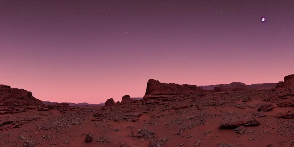 Image similar to a view looking out of a cave of a dried up river bend running through a canyon surrounded by desert mountains at sunset on mars, purple sky, two moons, planet mars, moab, utah, a tilt shift photo by frederic church, trending on unsplash, hudson river school, photo taken with provia, national geographic photo