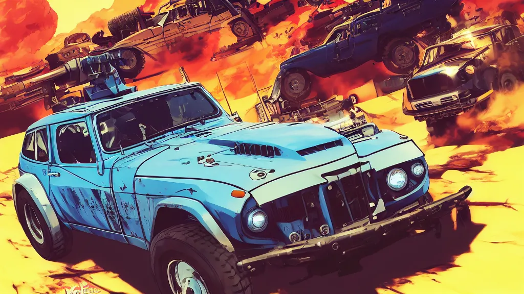 Image similar to anime illustration of mad max's fj 4 0 pursuit special, the last v 8 interceptor driving down to the gates of valhalla highway, riding fury road eternal shiny and chrome, world of fire and blood, by makoto shinkai, ilya kuvshinov, lois van baarle, rossdraws, basquiat, global illumination ray tracing hdr