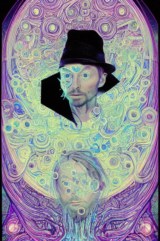 Image similar to A portrait of Thom Yorke as a cyberpunk wearing a bowler hat, iridescent highlights, surrounded by digital swirls, highly detailed, intricate, soft, sci-fi, sharp focus, glowing lines, art by Alphonse Mucha