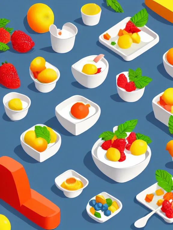 Image similar to miniature isometric diorama of yogurt with fruits, colorful