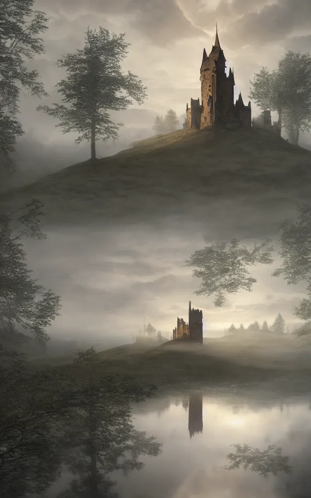 Prompt: the tower of a castle emerging from a lake, fog, fir trees, dramatic atmosphere, gloomy, orange light in the clouds, medieval adventurers in lord of the rings scenery landscape, reflections, highly detailed, cinematic lighting, perfect composition, 4 k, gustave dore, derek zabrocki, greg rutkowski, belsinski, octane render