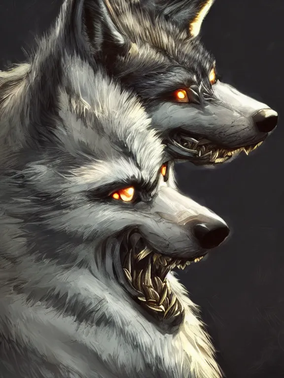 Image similar to 3/4 headshot of cute anthro wolf man, handsome, fantasy, intricate, long muzzle, wolf ears, fursona, black fur, elegant, highly detailed, digital painting, artstation, concept art, smooth, sharp focus, illustration, art by artgerm and greg rutkowski and alphonse mucha red wall in background