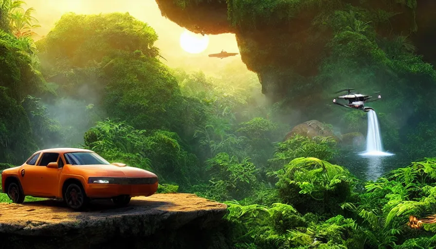 Image similar to a distant scifi flying car floating in a prehistoric jungle cave, lush flora, waterfall, sunset, hazy, volumetric lighting, rtx on, photorealistic render, great composition, very detailed