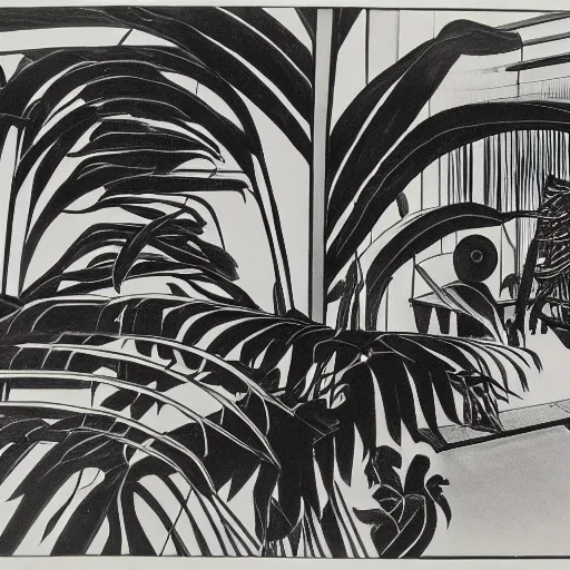 Image similar to A black and white offset lithography of an exhibition space with works of Sun Ra, Marcel Duchamp and tropical plants, 60s, Modern Art