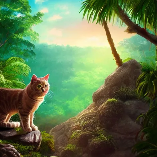 Image similar to a cat seated on a rock in a jungle!, mist, tropical trees, vines, birds, sunset!, fluffy clouds, warm colors, beautiful lighting, digital art, intricate details, trending on artstation