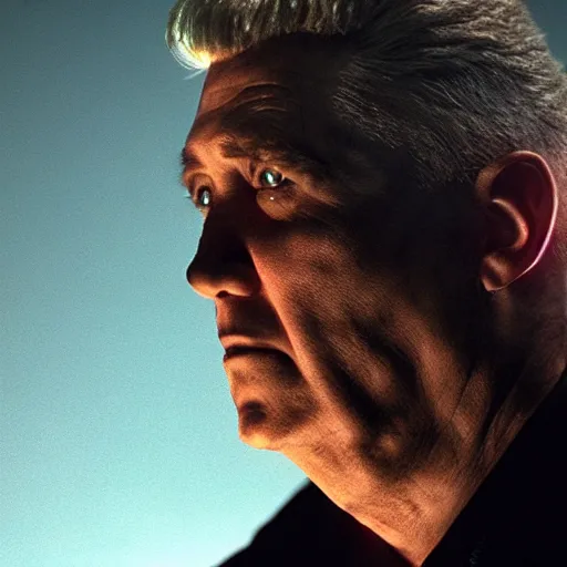 Image similar to movie still of man super villain cyborg, cinematic composition, cinematic light, by david lynch