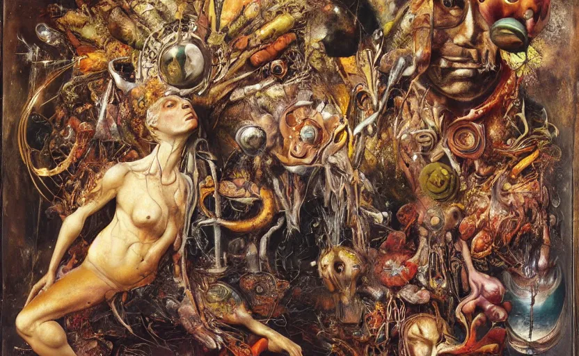 Image similar to an oil painting by arcimboldo, by georgia o keeffe, by botticelli, by giger, by frank frazetta, by gustave moreau, by beksinski, seen through a kaleidoscope, vanity, broken, nerve system, medical, jewels, nebula, space, tonalism, merged