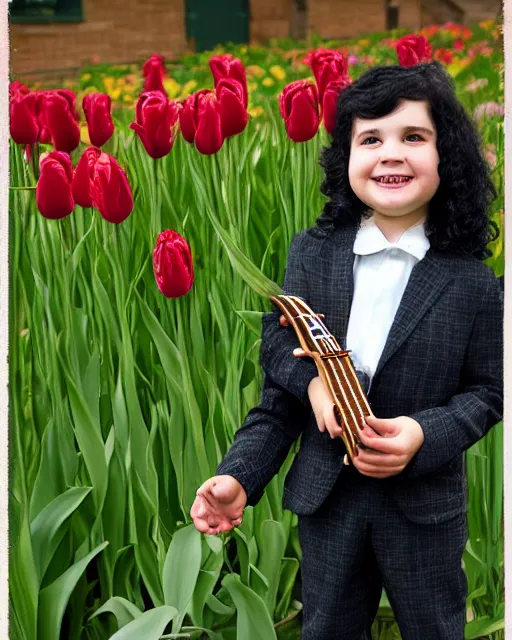 Prompt: tiny tim with long curly black hair wearing a plaid suit tiptoes thru the tulips holding his ukelele full portrait shot by mandy jurgens, wow, just had his hair did, can you beleive that haircut?, 4k, digital art,