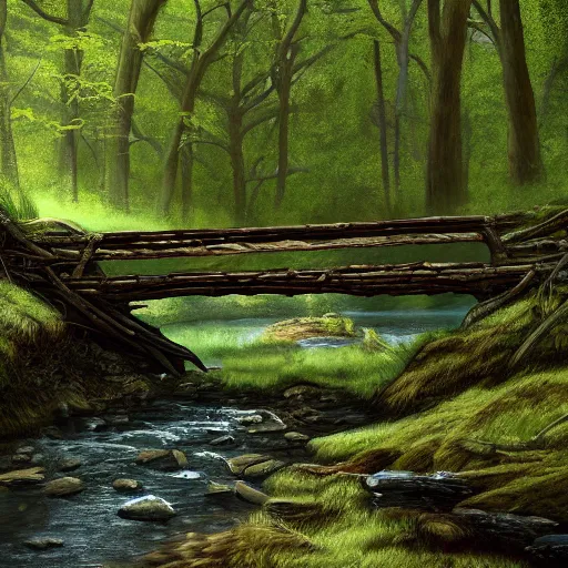 Prompt: old rickety bridge over a stream within a dark dying forest, high resolution, highly detailed, dark fantasy, digital art