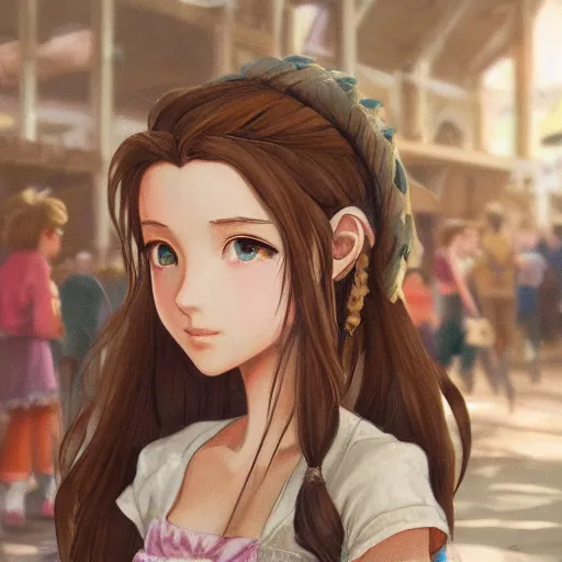 Image similar to concept art of aerith gainsborough in wall market of don corneo, highly detailed, trending on artstation