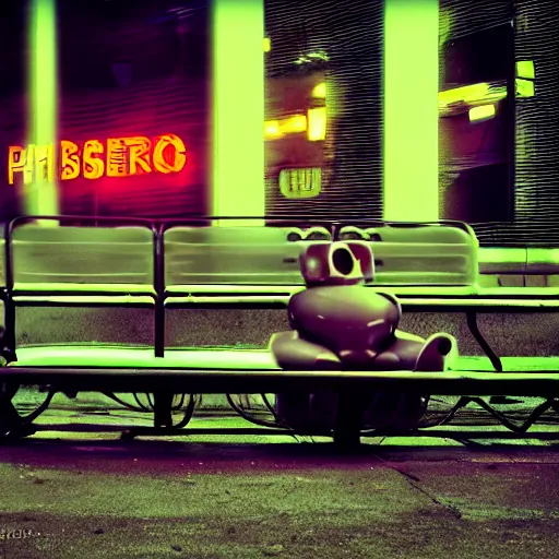 Image similar to vintage phto of a fat robot sitting alone in a streetbench, diezelpunk, cyberpunk, stray, neon lights