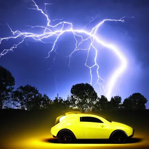 Image similar to futuristic flying car inside a circle made of lightning in the sky, thunderstorm at night, 28mm dramatic photo