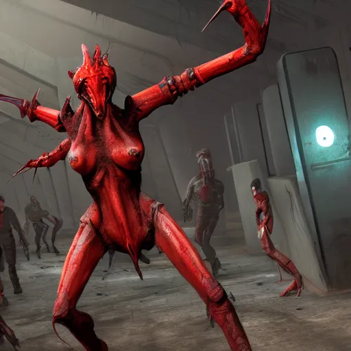 Image similar to a still of yautja in in the half - life game fighting against metrocops, hd shot, concept art, artstation