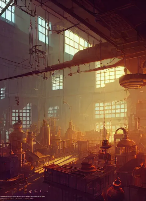 Image similar to beautiful interior of a steampunk factory, ross draws, james gilleard, delphin enjolras, goro fujita, makoto shinkai, paul lehr, volumetric lighting, octane render, very coherent, trending on artstation