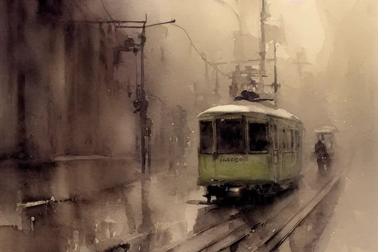 Prompt: small centered on watercolor paper, paint brush strokes, abstract watercolor painting of lone old man on tram, poor and rugged, foggy dawn, morning dew, cinematic light, national romanticism by hans dahl, by jesper ejsing, by anders zorn, by greg rutkowski, by greg manchess, by tyler edlin