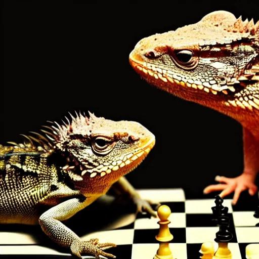 Image similar to a Bearded dragon playing chess against a Salamander, national geographic photo