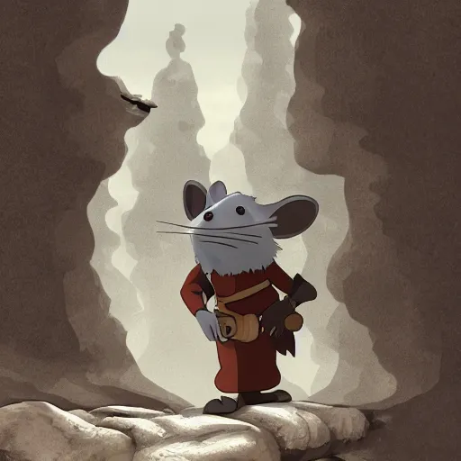 Image similar to an anthropomorphic rat dressed as an explorer, medieval clothing, renaissance, studio Ghibli, open landscape, plants, black and white matte painting