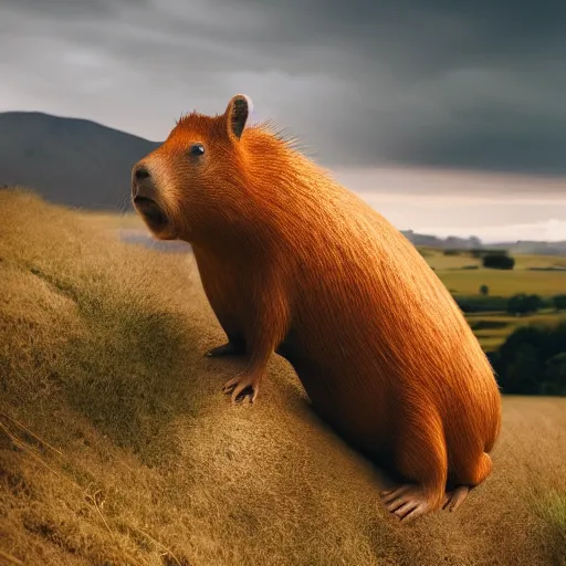 Prompt: cinematic shot of a thin ginger woman riding on top of a giant capybara in a field, 8k, dslr, detailed and realistic face,