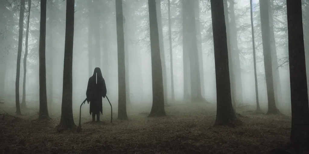 Prompt: a close shot of a grim reaper standing in a forest, detailed, style of flooko, mythical, mist, depressing, tired, dark, lush, nature, mist, mystery, glows, somber, dismal, fog, heavy fog, dark lighting, rim light, glow, ambient light, cybernetic, sci-fi,