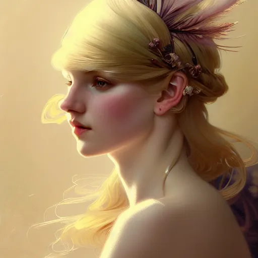 Prompt: A portrait of a blonde girl surrounded by delicate feathers, face, intricate, elegant, highly detailed, digital painting, artstation, concept art, smooth, sharp focus, illustration, art by Krenz Cushart and Artem Demura and alphonse mucha