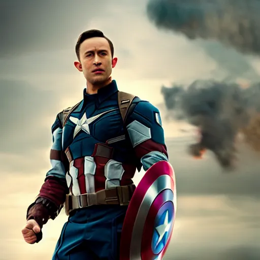 Image similar to film still of Joseph Gordon Levitt as captain America in new avengers film, 4k