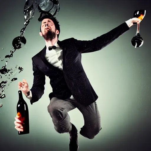 Image similar to a detailed portrait of a man boisterously dancing around the room by himself holding an empty wine bottle as he jumps in the air, detailed facial expression, fine detail, dramatic lighting, award-winning photo UHD, 4K