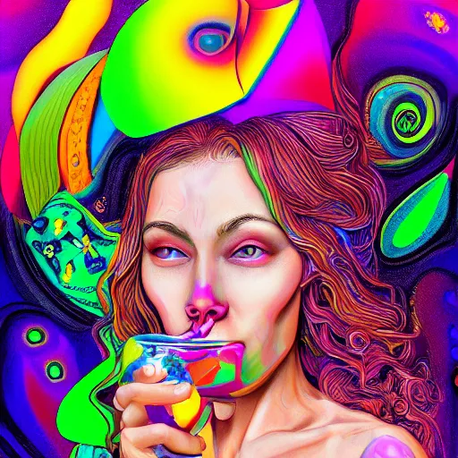 Image similar to an extremely psychedelic wideshot of an woman drinking juice, surreal, lsd, face, detailed, intricate, elegant, lithe, highly detailed, digital painting, artstation, concept art, smooth, sharp focus, illustration