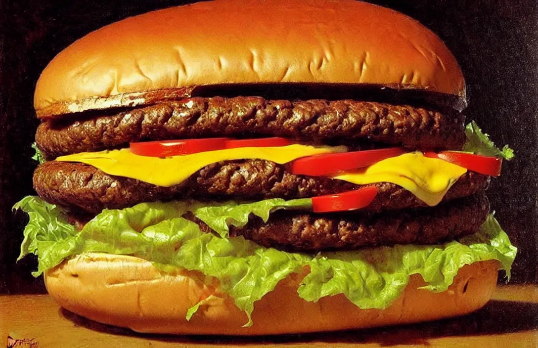 Prompt: portrait of whopper cheeseburger!!!!!!!!!!!!!!!!!!!!!!!!!!!, detailed face, detailed painting,, epic lighting, by ilya repin, phil hale and kent williams