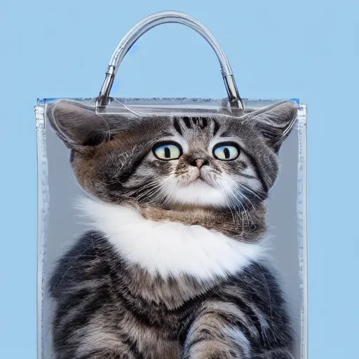 Prompt: a highly detailed photo of a big transparent bag full of furry cats, gray background, studio lighting, 4 k, 8 k