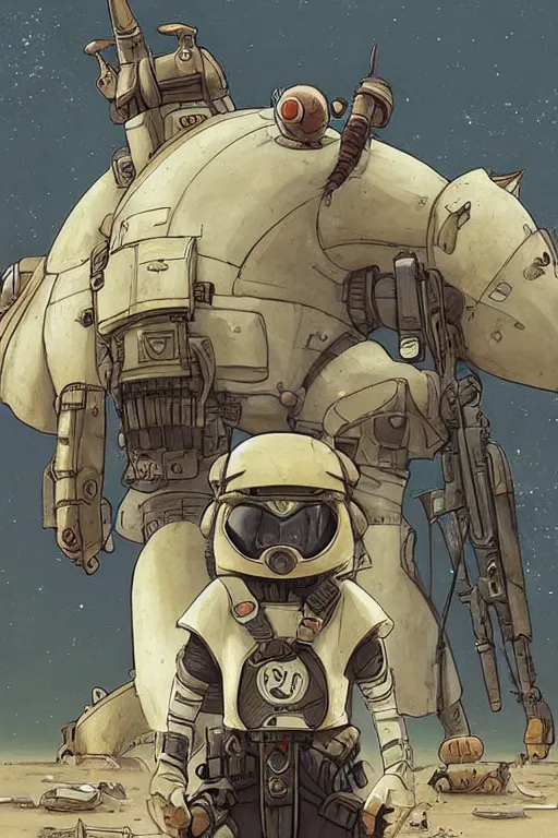 Image similar to anthropomorphic rodent with white and black ancestral ornate japanese tactical gear on an abandonment desert planet, long shot, rule of thirds, golden ratio, graphic novel by fiona staples and dustin nguyen, by beaststars and orange, peter elson, alan bean, studio ghibli, makoto shinkai