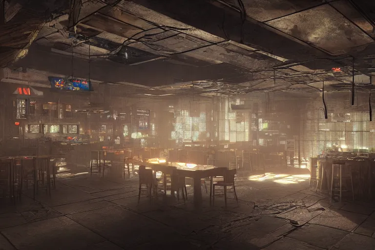 Image similar to ultra mega super hyper realistic Digital concept interior design of cyberpunk tavern with stone walls and neon lights, a lot of electronics, many details in style of Hiromasa Ogura. Natural white sunlight from the transperient roof. Rendered in VRAY and DaVinci Resolve and MAXWELL and LUMION 3D, Volumetric natural light