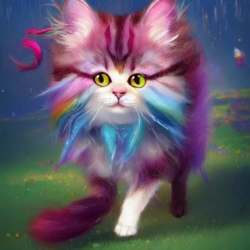 Prompt: An adorable and colorful fantasy painting of a cute and happy long-hair cat with colorful fur, by greg rutkowski and thomas kinkade, trending on artstation